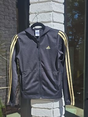 adidas Black Zip Hoodie with Gold Three-Stripe Sleeves